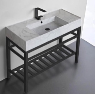 Console Bathroom Sink Modern Marble Design Ceramic Console Sink and Matte Black Base, 40